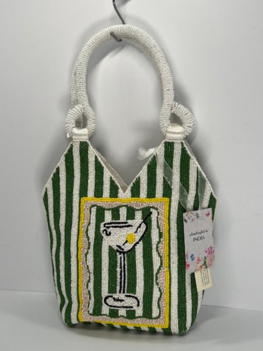 Hand-beaded Shoulder Bag with Martini Glass on Green/White Striped Bkgrnd NWT